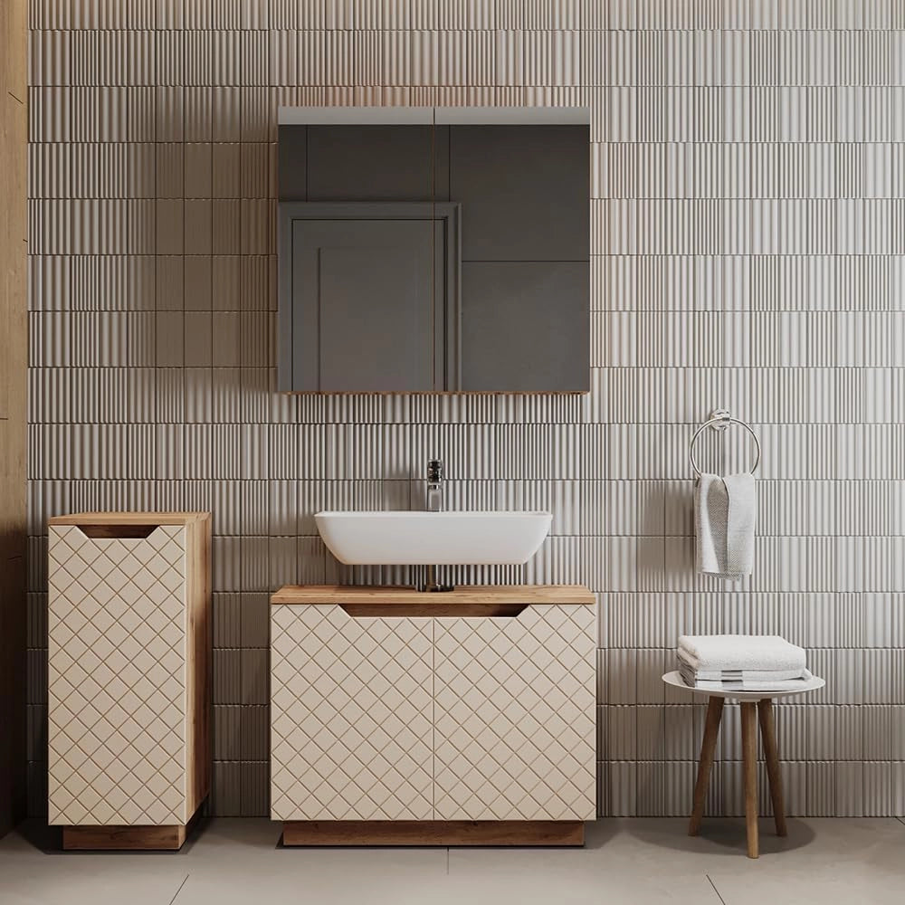 Set di mobili da bagno Lotta, Rovere/cashmere con struttura in piastrelle, 3 parti