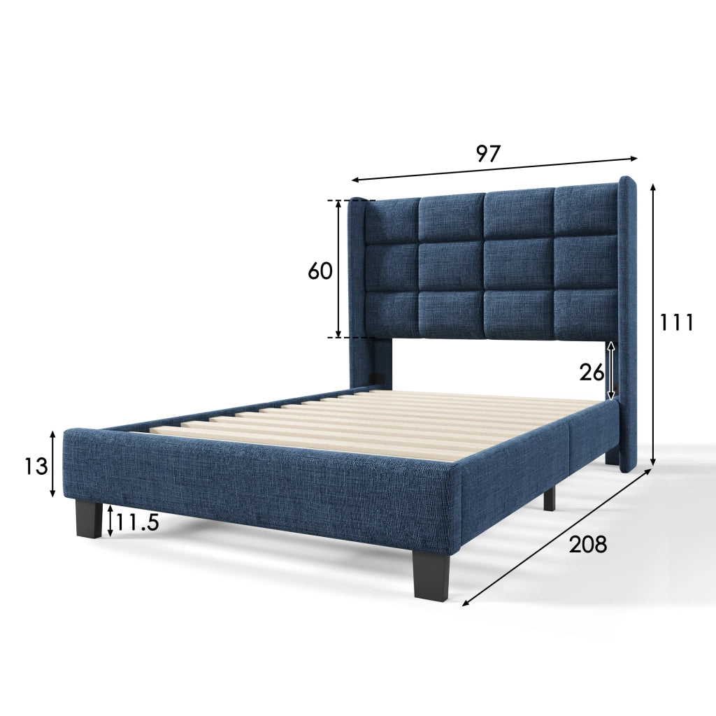 Letto Singolo 90×200 cm con Testiera Imbottita e Doghe; senza Materasso; in Lino Blu
