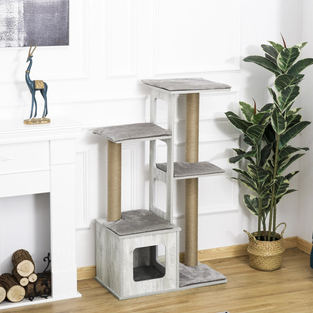 Albero tiragraffi per gatti con piattaforme e tana ¨C zephmum ¨C grigio 67x38,5x114 cm