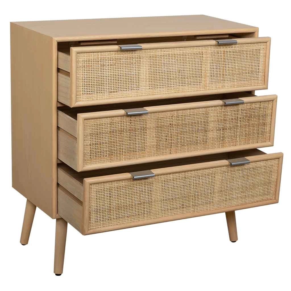 Cassettiera in MDF e rattan, 3 cassetti, marrone, 75x35x78