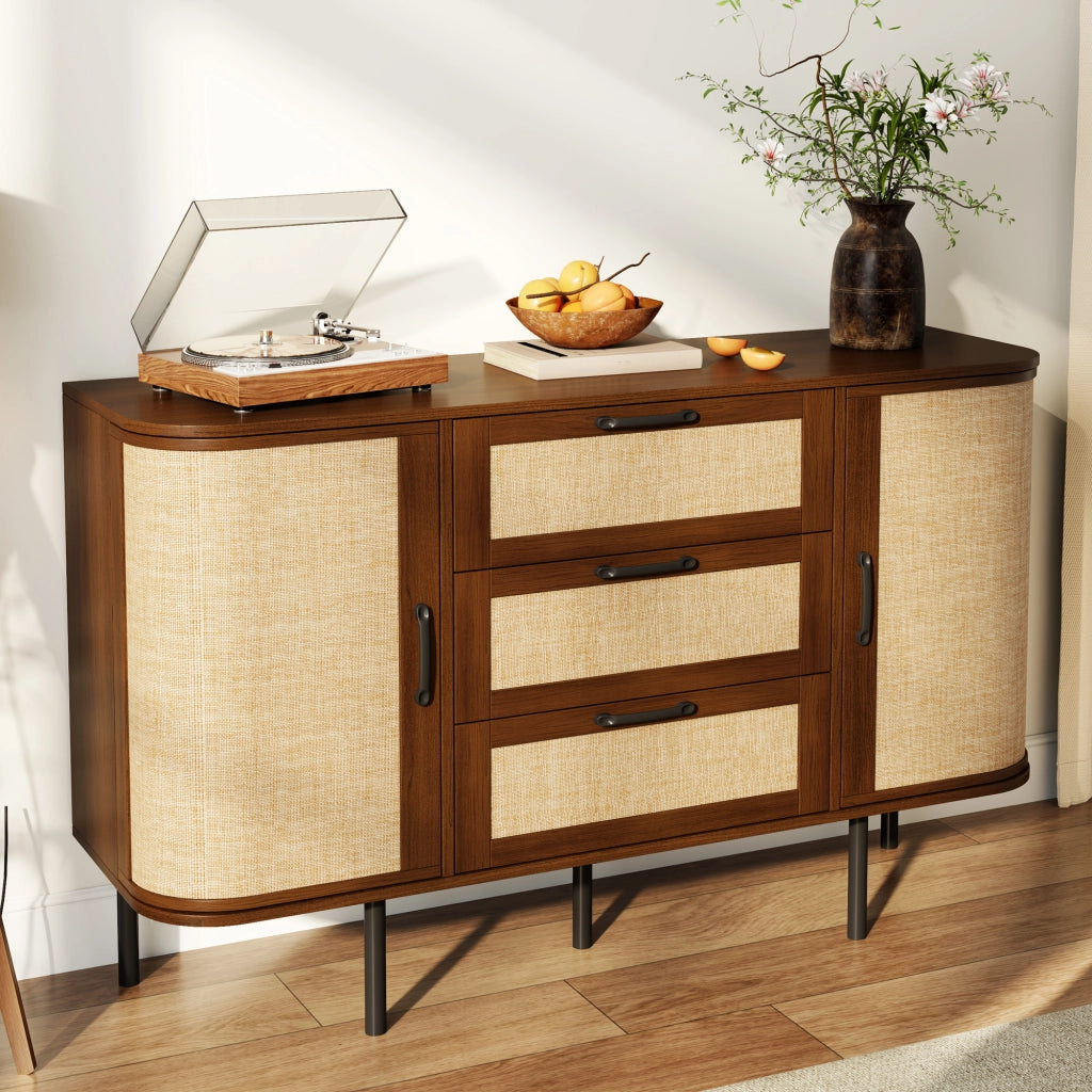 Credenza in MDF effetto noce 120x40x82 cm con 2 ante; 3 cassetti e ripiani regolabili