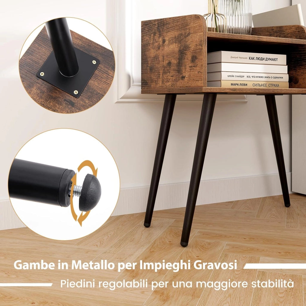 Comodino 50 x 32 x 58cm, Tavolino Moderno con Mensole Aperte, Gambe in Metallo e Poggiapiedi Regolabili, Comò Ideale per Soggiorno e Camera da Letto (Marrone,1)