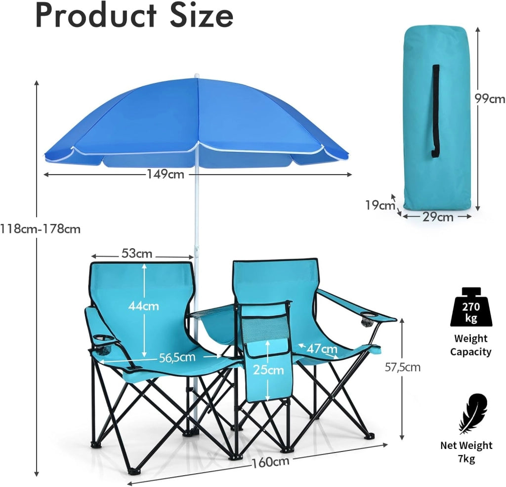 Sedia Pieghevole da Campeggio Doppia, 2 Sedie da Esterno con Tettuccio Parasole Regolabile, Sedia da Pesca Portatile con Borsa Frigo, Borsa Laterale e Portabevande per Picnic (Turchese)