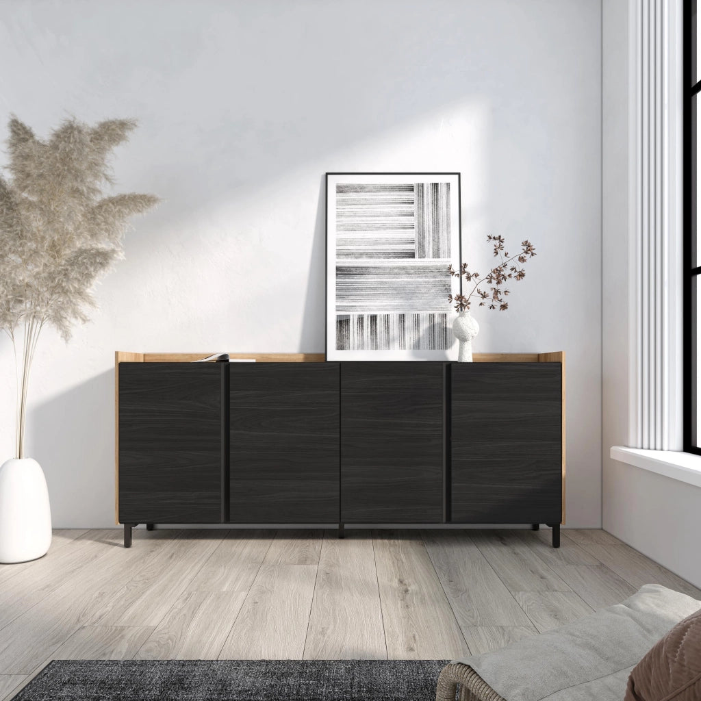 Credenza, Mobile, Cucina, 207x91x35 cm, 4 Porte, Design industriale, Nero e rovere