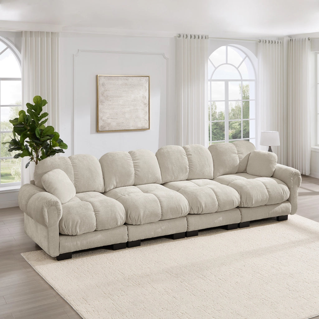 Divano modulare a 4 posti in ciniglia con seduta imbottita e cuscino lombare, beige chiaro 330 × 86 × 90 cm