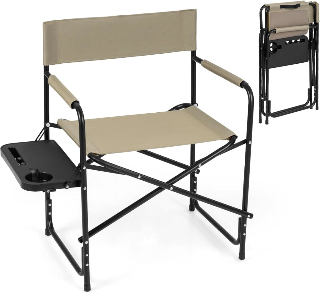 Sedia da Regista Campeggio Pieghevole, con Portabicchieri | Poltrona Ergonomica Salvaspazio, Struttura in Metallo, Terrazzo Giardino Campeggio Mare Spiaggia, Portata 160 kg