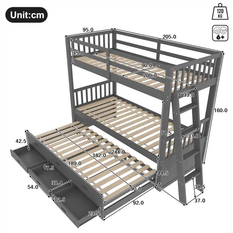 LETTO a castello con letto estraibile e 3 cassetti 90x200 cm Grigio