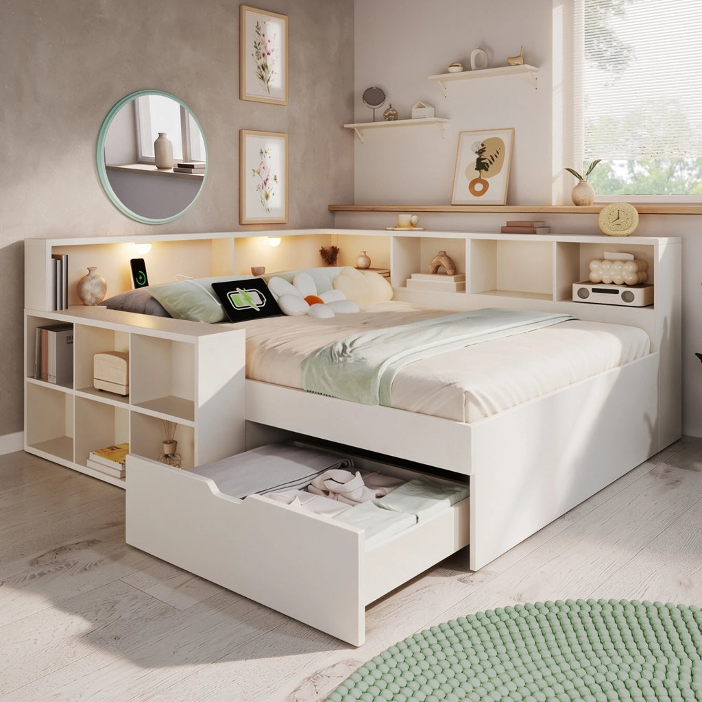 Letto matrimoniale 140x190 cm con cassetti; prese USB e luce; bianco