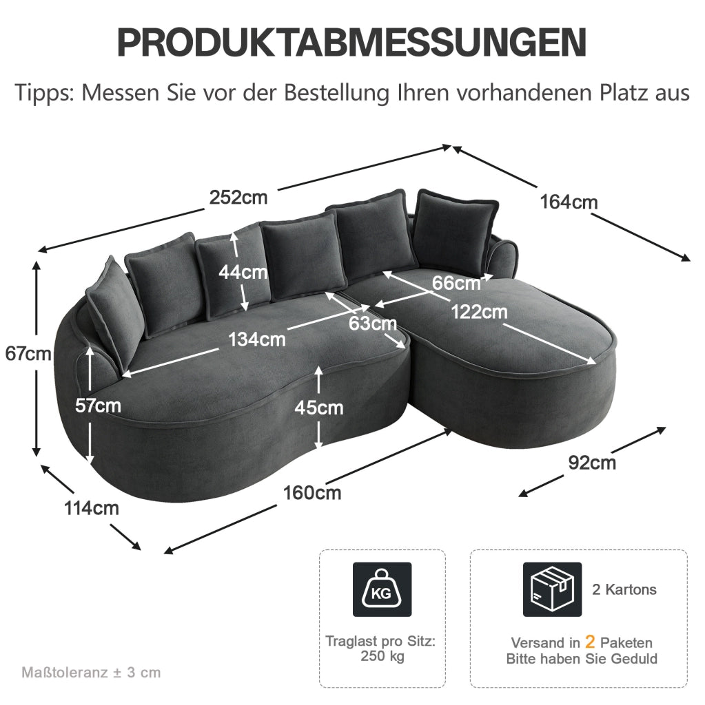 Divano modulare angolare con chaise longue 252x164x67 cm in ciniglia grigia; senza montaggio