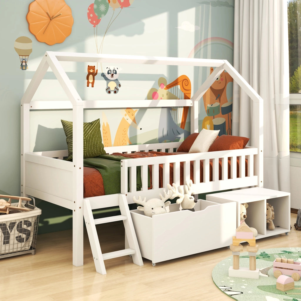 Letto a casetta per bambini 90x200 cm con cassetti, scala laterale e sponde di sicurezza, bianco