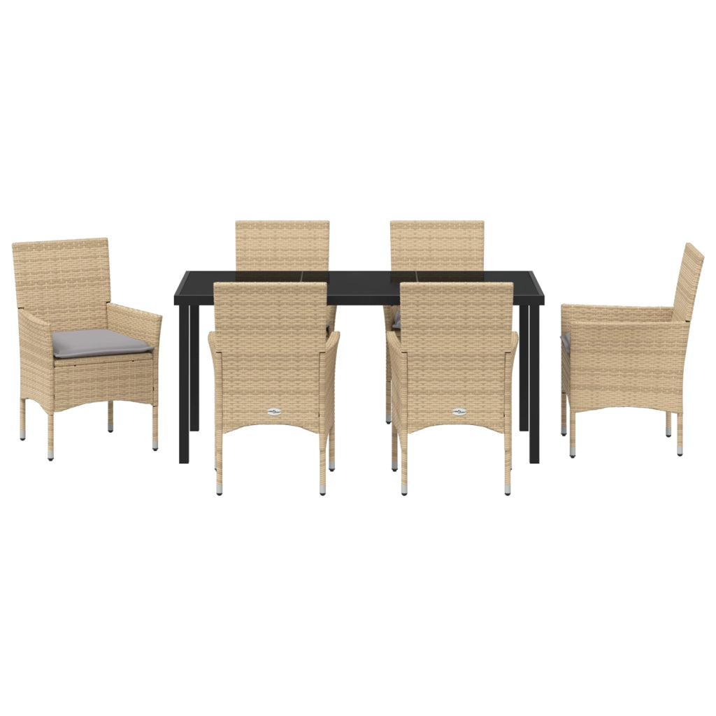 Set da Pranzo da Giardino 7 Pezzi con Cuscini Beige Rattan Poliestere