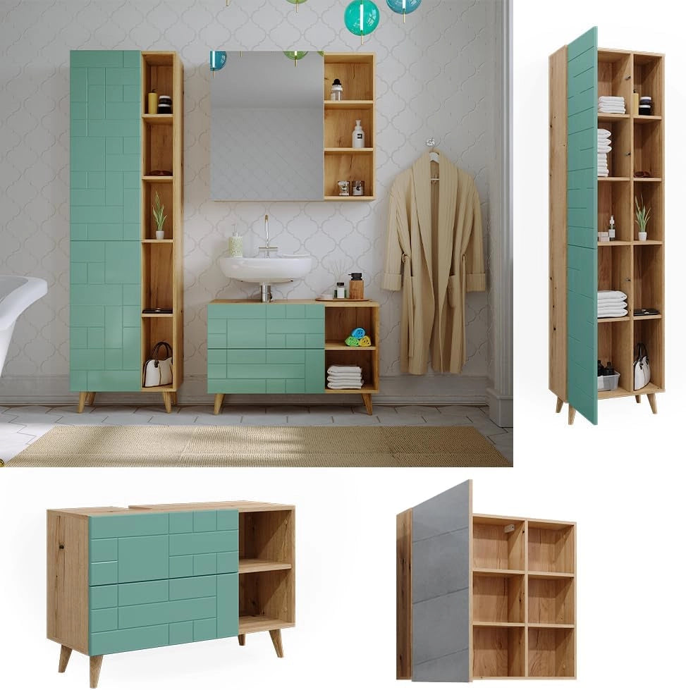 Set di mobili da bagno Rudi, Verde menta, 90 cm, composto da mobile sottolavabo, specchiera e colonna alta