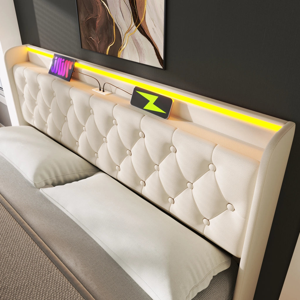LETTO Contenitore 160x200 cm in PU Bianco con LED e USB Type-C