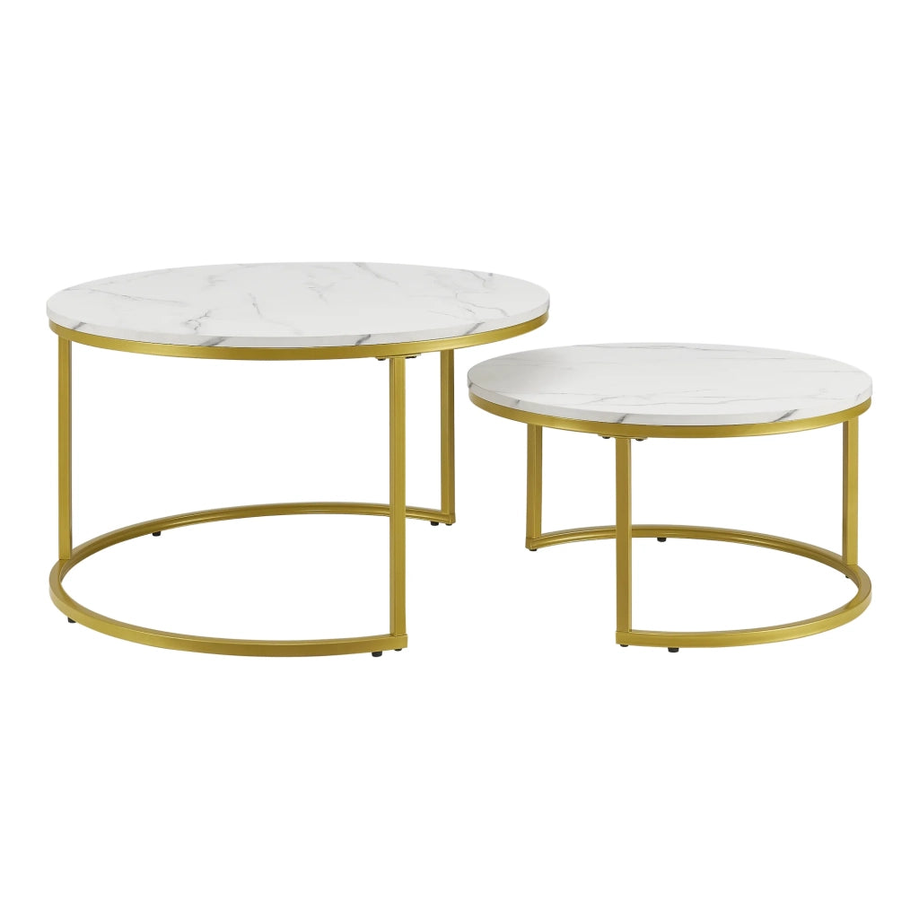 Set di 2 tavolini rotondi impilabili effetto marmo bianco e oro 03_0008355