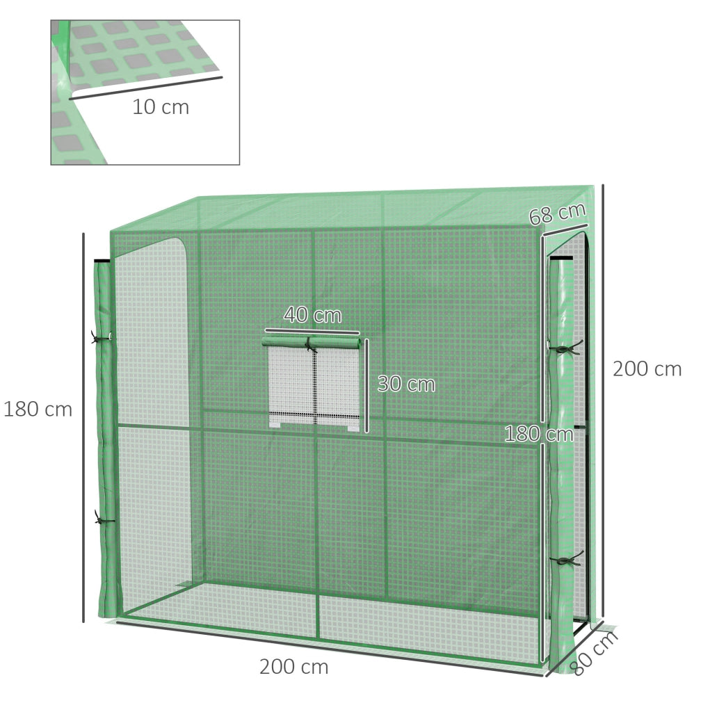 Serra addossata in acciaio con telo PE UV verde 200x80x200 cm
