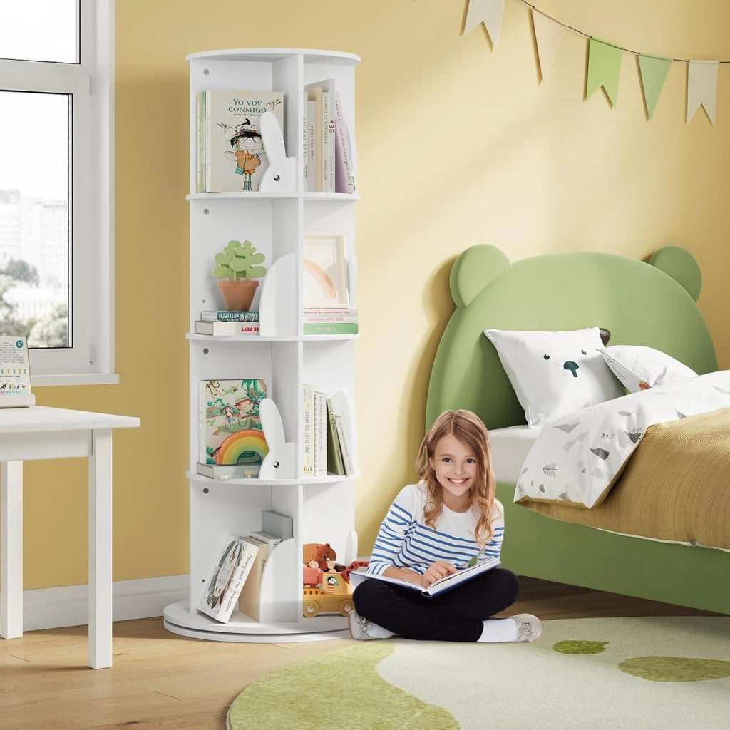 Libreria per Bambini Rotante, Libreria Girevole a 4 Livelli, Porta Libri per Soggiorno, Studio, Ufficio, Scaffale in Legno Autoportante