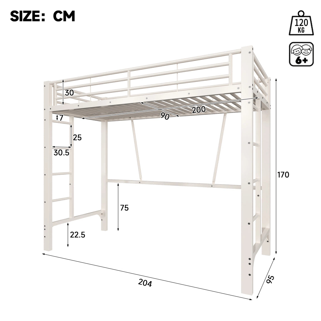 Letto a soppalco 90x200 cm – con doppia scala e spazio sottoletto modulabile – metallo – bianco