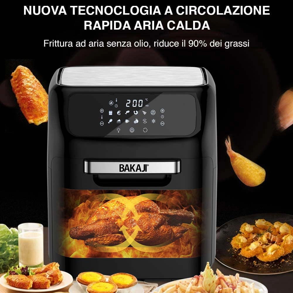 Friggitrice Aria Calda Air Fryer 12 L 1800W Display LCD 12 Programmi con Accessori Nero