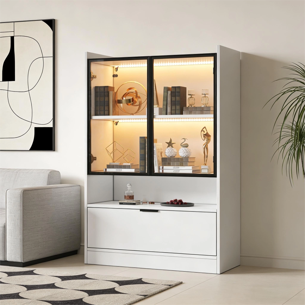Vetrina con LED e ante in vetro, vano ribaltabile, per soggiorno, in truciolare e vetro, bianco 120 × 80 × 35 cm