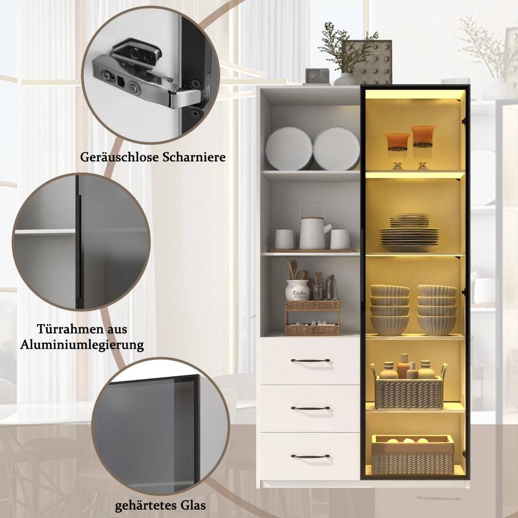OKWISH Vetrina con 1 Anta in Vetro, 3 Cassetti e 3 Vani Aperti, LED Multicolore, per Soggiorno o Cucina, 80×40×160 cm