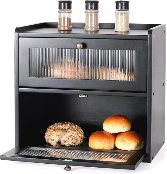 Cassa per il pane in legno per cucina - doppia cappa, grande contenitore alimentare con coperchio apribile manuale - design vintage - mantiene il pane fresco - dimensioni 36.5x24x34 cm - nero, ideale per il piano di lavoro.