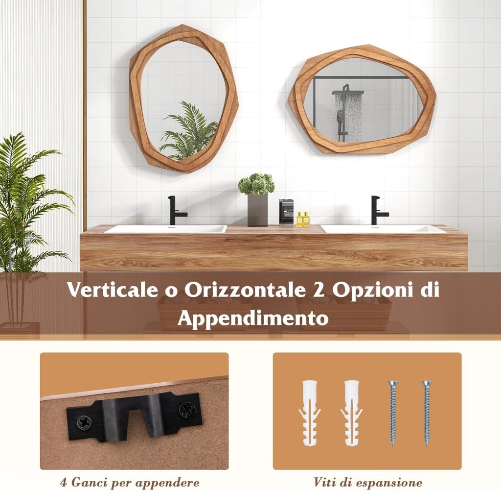 Specchio da Parete Irregolare 89,5 x 66 cm, Specchio Decorativo in HD con Cornice Rustica, Design Astratto, per Bagno Soggiorno Ingresso Sala da Pranzo (89,5 x 66 CM)