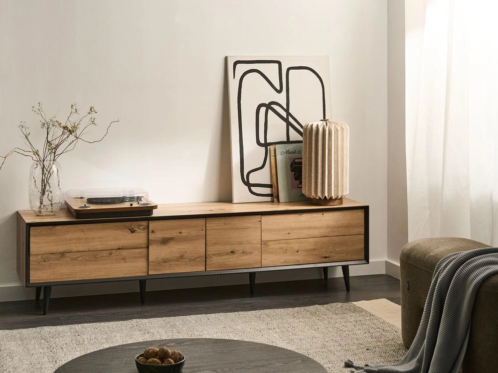 Mobile TV marrone chiaro in MDF con 2 ante e 4 cassetti gambe in metallo design moderno in stile loft per camera da letto