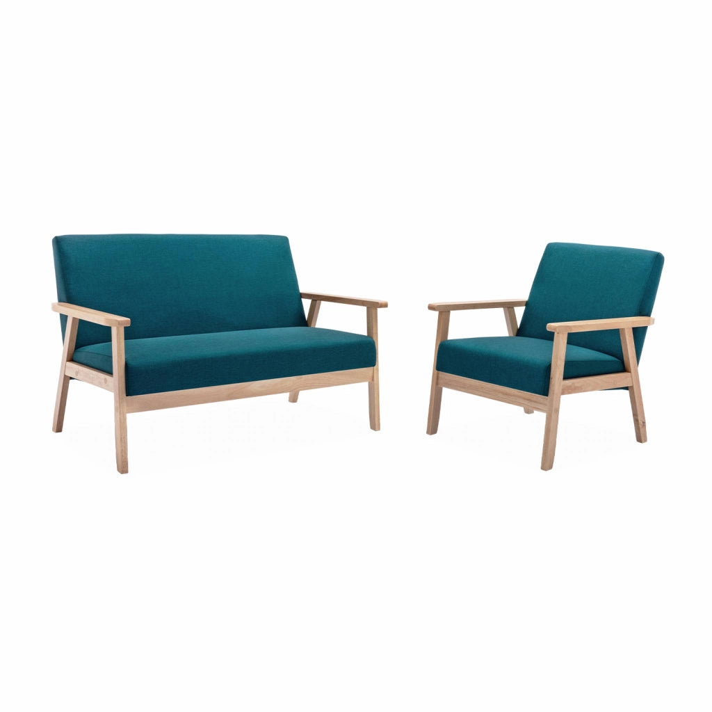 Poltrona scandinava in legno e tessuto, blu smeraldo