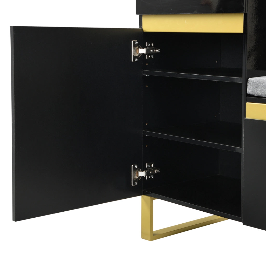 Scarpiera multifunzione con panca e cuscino; 120x35x85 cm; MDF nero lucido con dettagli oro