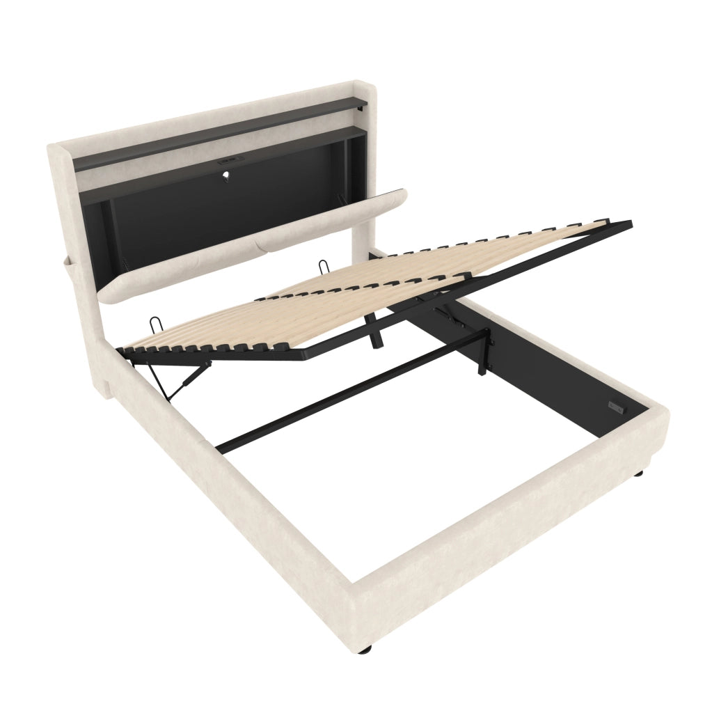 Letto matrimoniale 160x200 cm in velluto beige con LED e USB