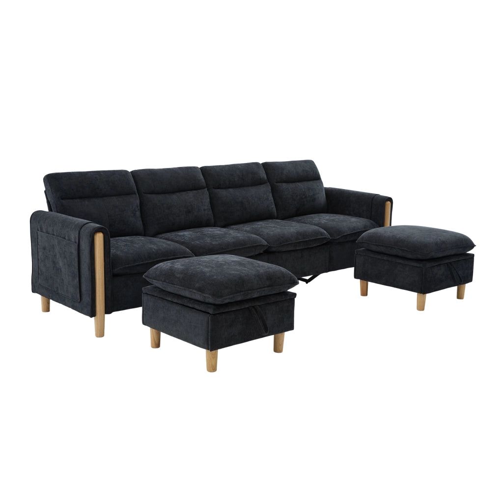Divano modulare a U con 2 pouf contenitore 4 posti in chenille con gambe in legno nero 261 × 77 × 86 cm