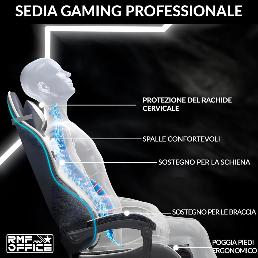 RMF Sedia Gaming Professionale Ergonomica Reclinabile, Poltrona Gaming Seduta Comoda e Rilassante con Poggiapiedi - Sedia per Gamer con Ruote Girevoli, Altezza Regolabile (Bianca-Nero)