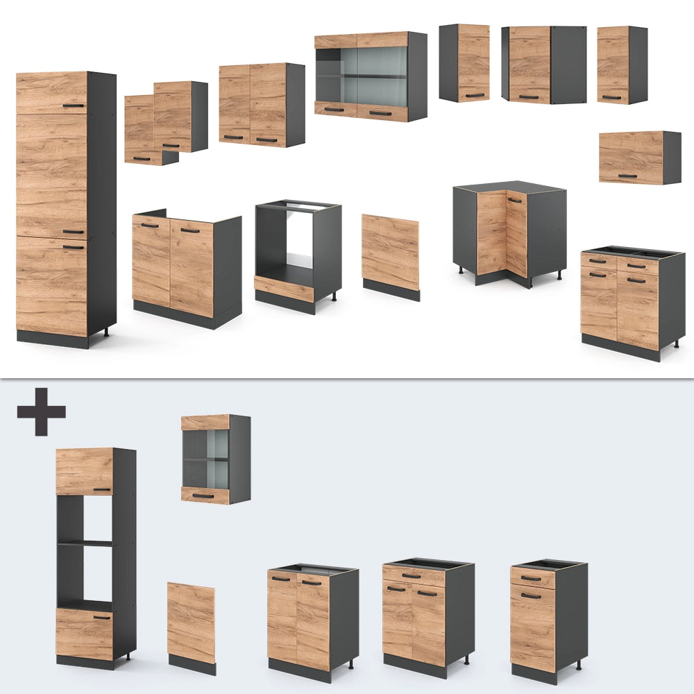 Vicco Cucina angolare completa Quercia dorata/antracite 227 x 287 cm senza piano di lavoro