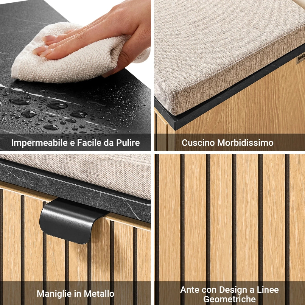 SoBuy Scarpiera Ingresso Panca Contenitore Scarpiera Salvaspazio Slim con Seduta Imbottita Mobile Ingresso Legno per Camera da Letto e Corridoio Nero Effetto Marmo e Legno 60x24x50cm FSR201-N