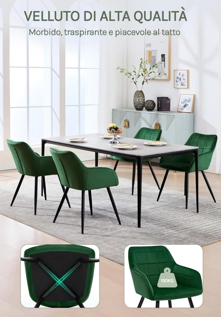Set di 2 Sedie per Sala da Pranzo Imbottita, Poltroncina in Velluto,Sedia da Cucina con Braccioli e Schienale, Gambe in Metallo, moderne, Verde scuro, BH93dgn-2