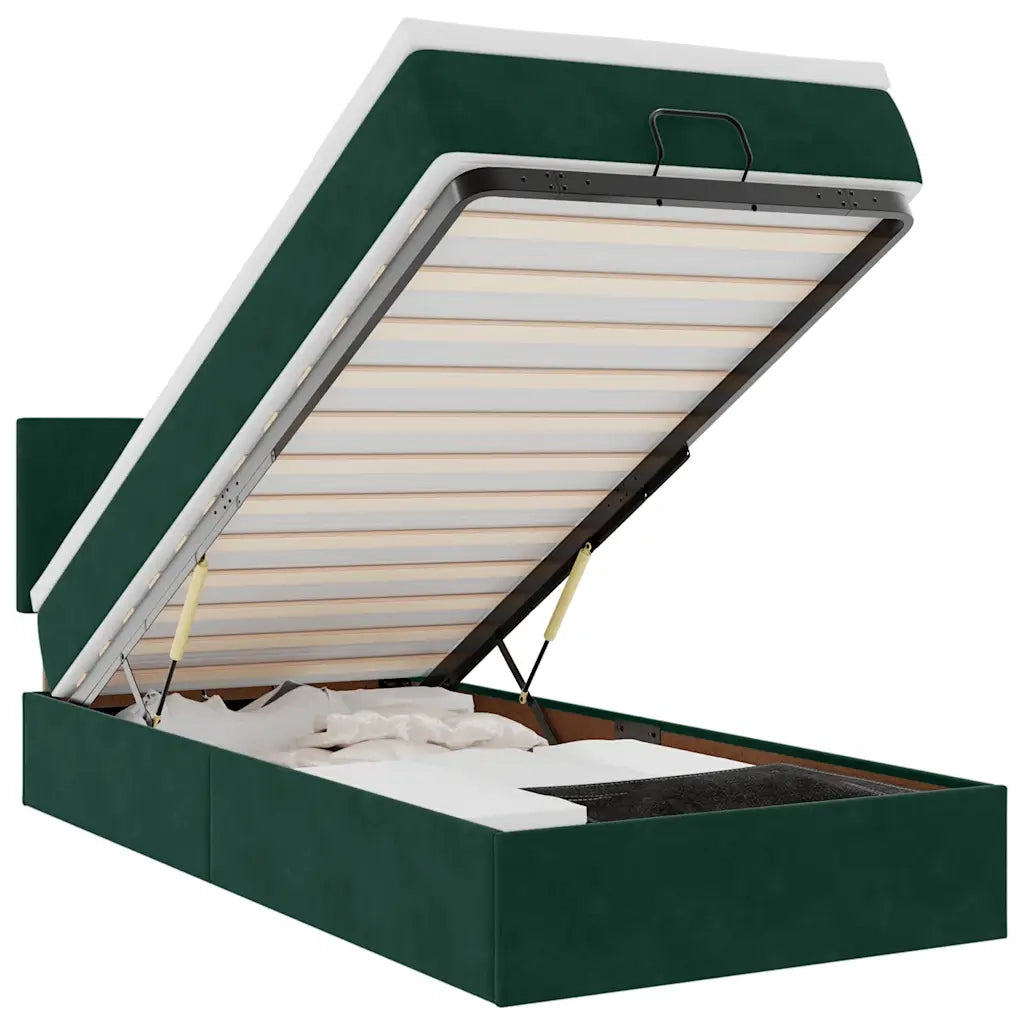 Pouf Letto con Materasso e LED Verde Scuro 90x200cm in Velluto