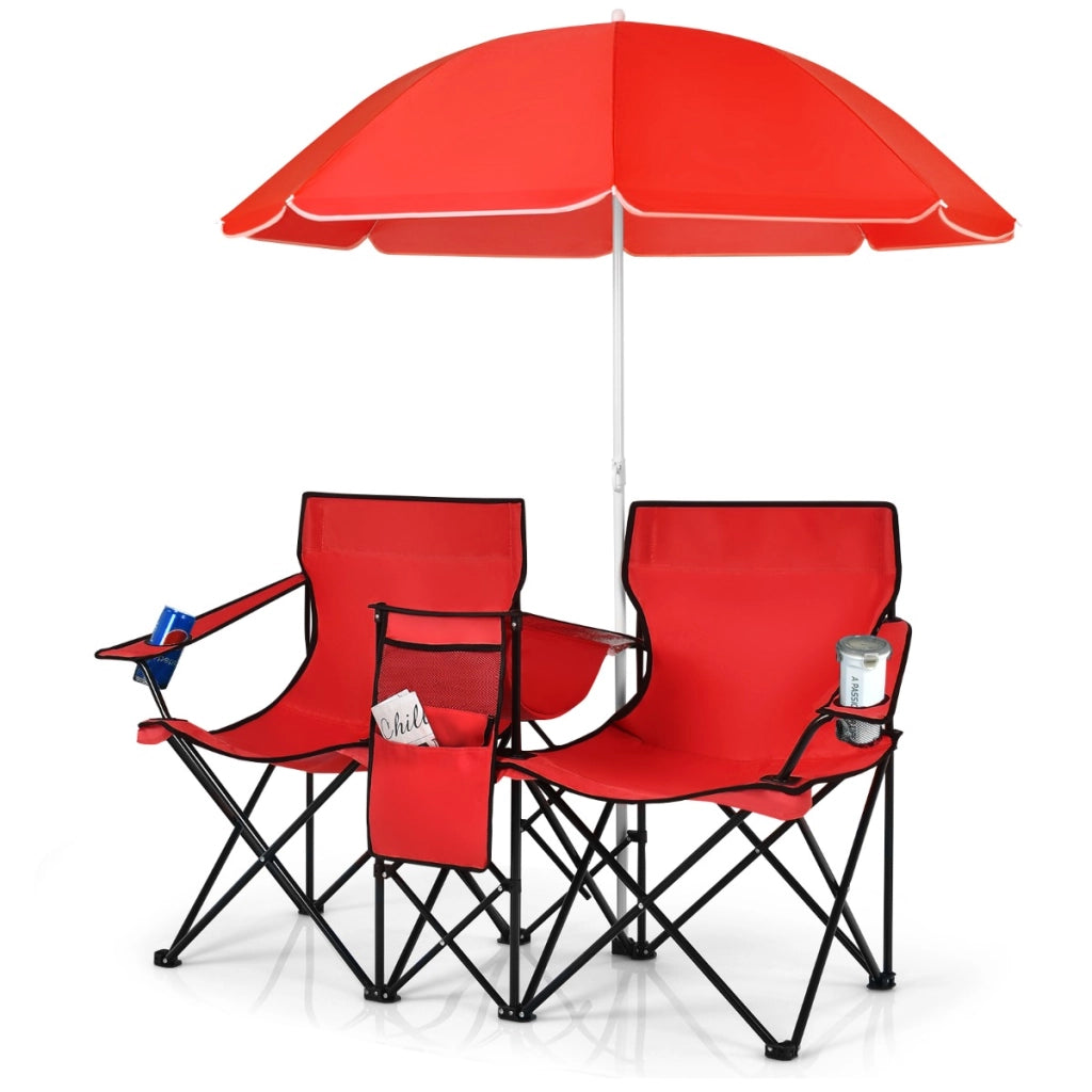 Sedia da picnic in acciaio portatile e pieghevole-Sedia da esterno con ombrellone mini tavolo porta bevande Rosso
