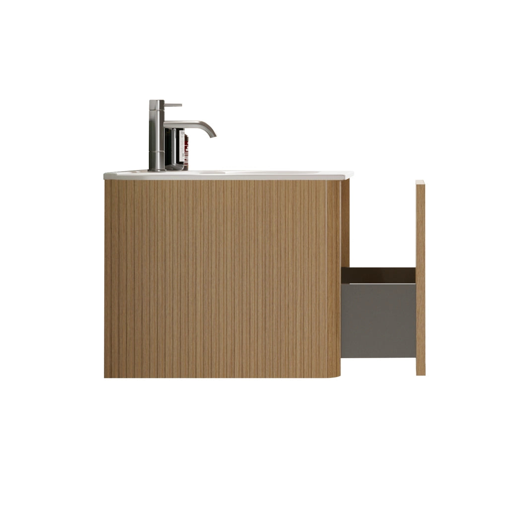 Mobile sottolavabo sospeso con cassetti push-to-open, design a scanalature verticali, per bagno, rovere, 80 cm