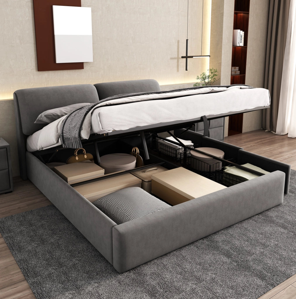Letto imbottito 160x200 cm in velluto grigio con contenitore; 3 cassetti e testiera regolabile