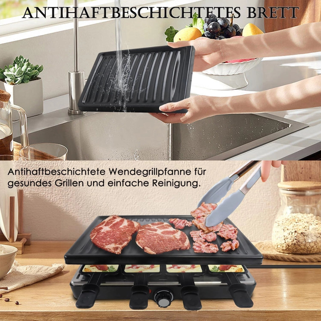 Raclette Grill per 8 persone, 1400 W, con 2 piastre in granito e 2 piastre antiaderenti, regolabile, moderno, acciaio inossidabile