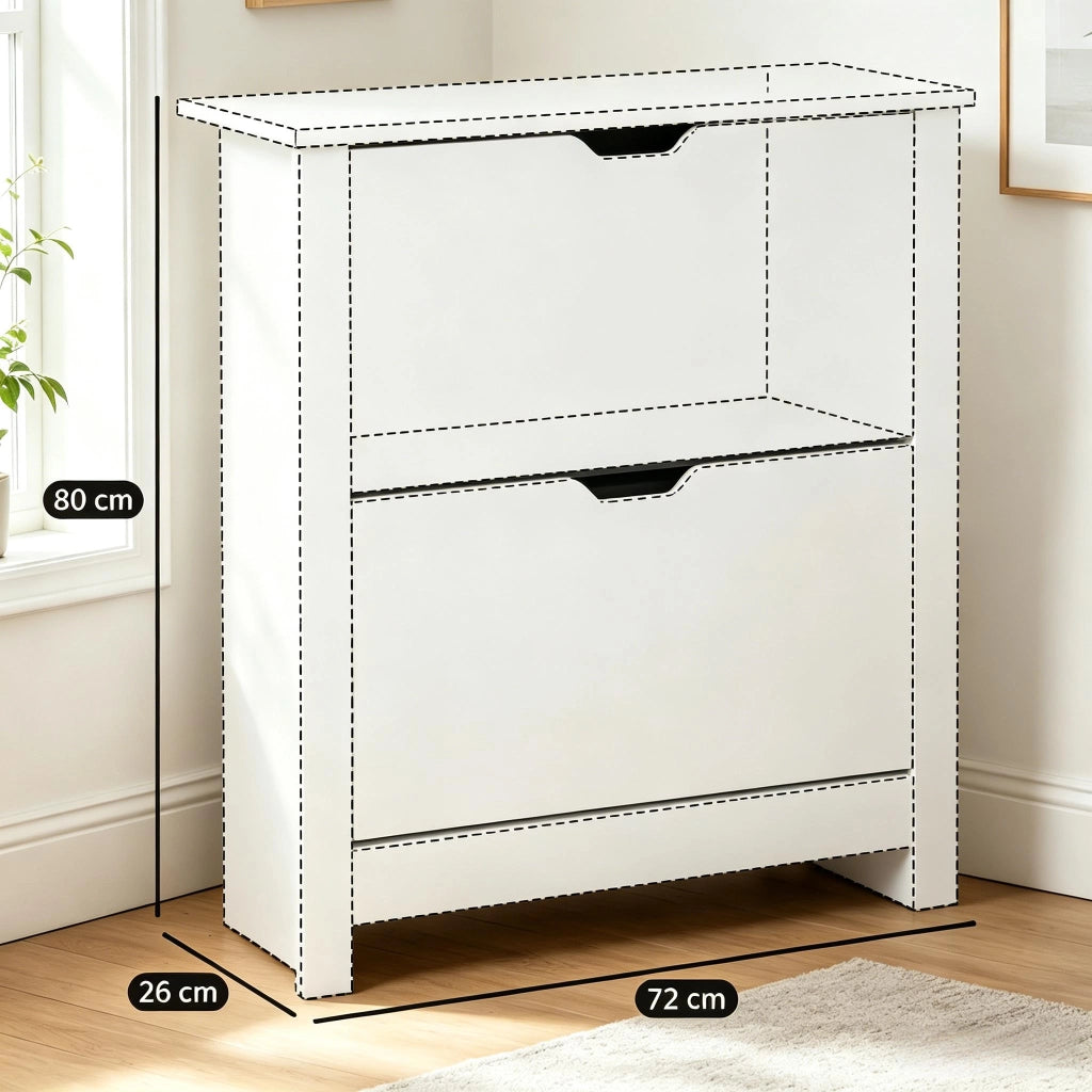 Scarpiera con 2 ante ribaltabili e divisorio regolabile, per ingresso e camera da letto, in truciolare, legno naturale e bianco, 72 × 26 × 80 cm