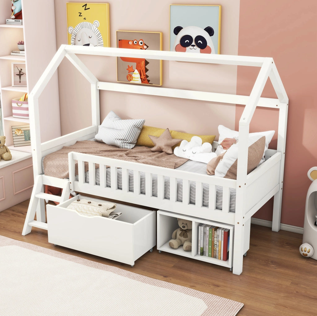 Letto a casetta 90 x 200 cm bianco in legno di pino con cassetti