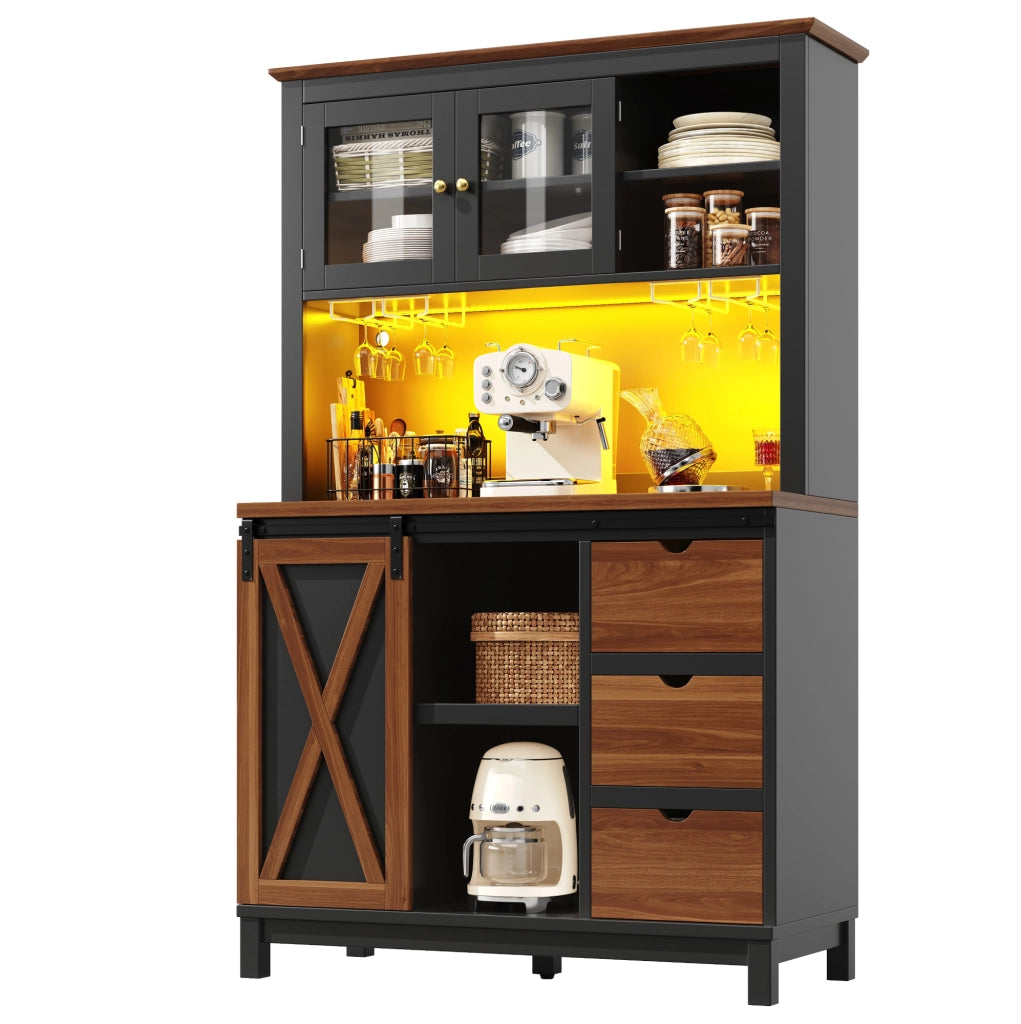Armadio da cucina 104x40x180 cm con LED e ripiani regolabili in MDF; metallo e vetro nero