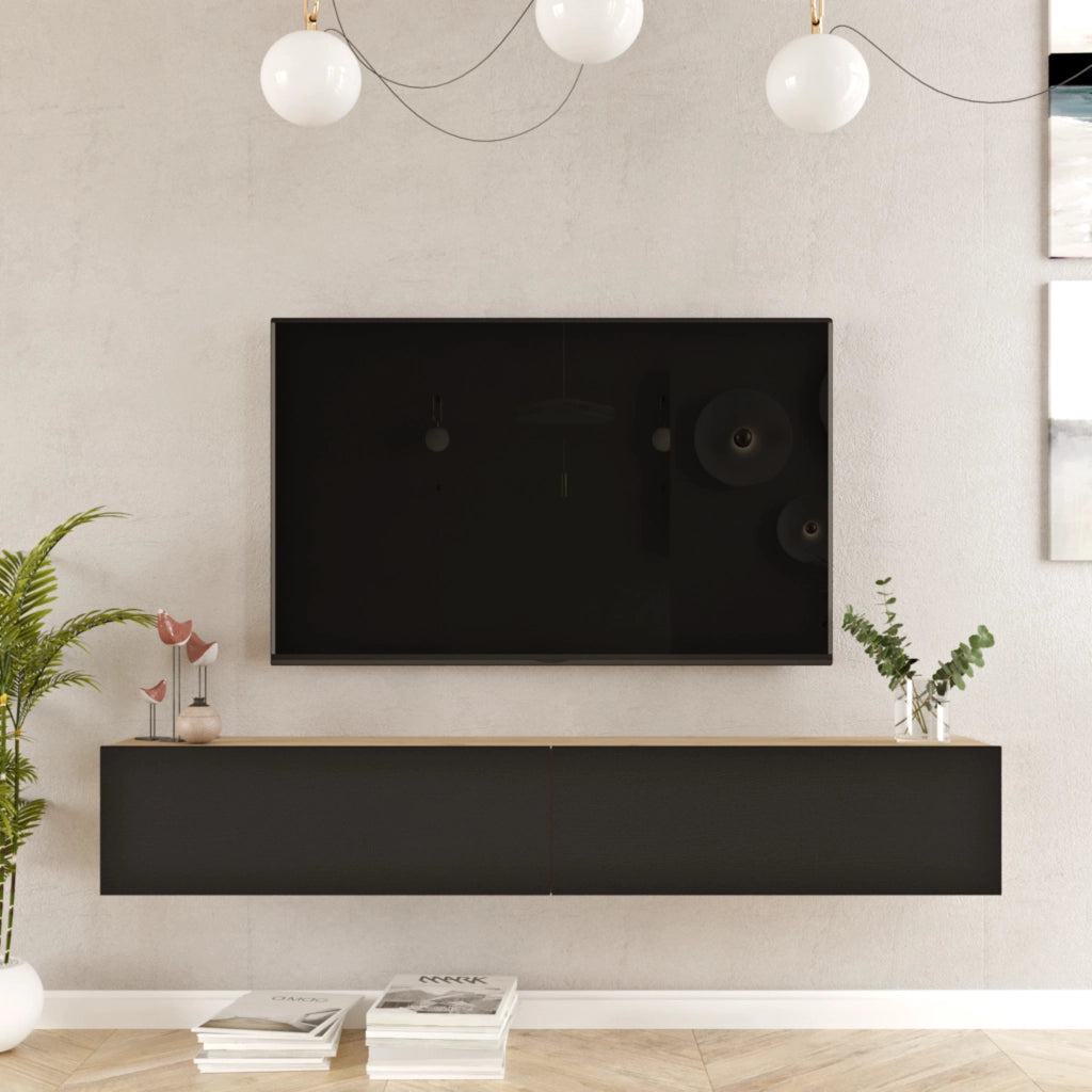 Mobile Porta TV Lapinlahti con 2 Ante a Ribalta Consolle da Parete 180 cm - Effetto Rovere / Nero [en.casa]