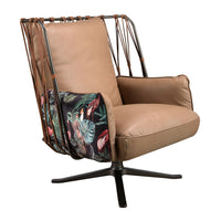 Poltrona girevole in pelle e tessuto marrone con stampa marrone