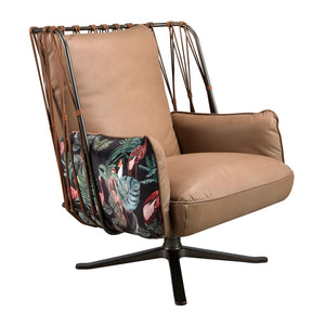 Poltrona girevole in pelle e tessuto marrone con stampa marrone