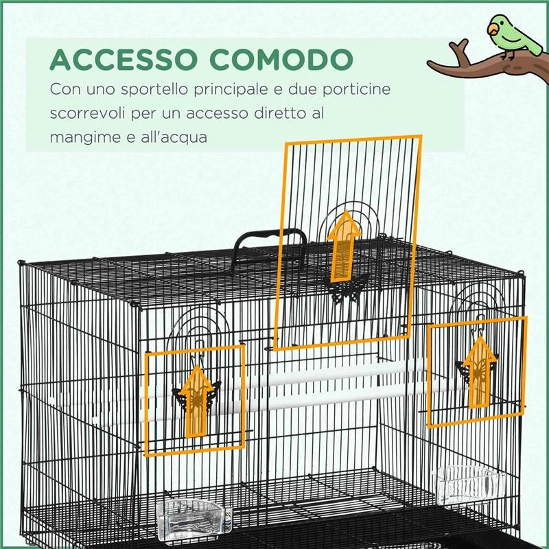 GABBIA PER UCCELLI CON 2 POSATOI E 3 INGRESSI IN FILO METALLICO E PLASTICA 60X41X41 CM NERO