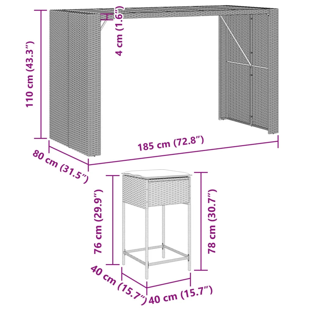 Set Bar da Giardino 9 pz con Cuscini in Polyrattan Nero 3261519