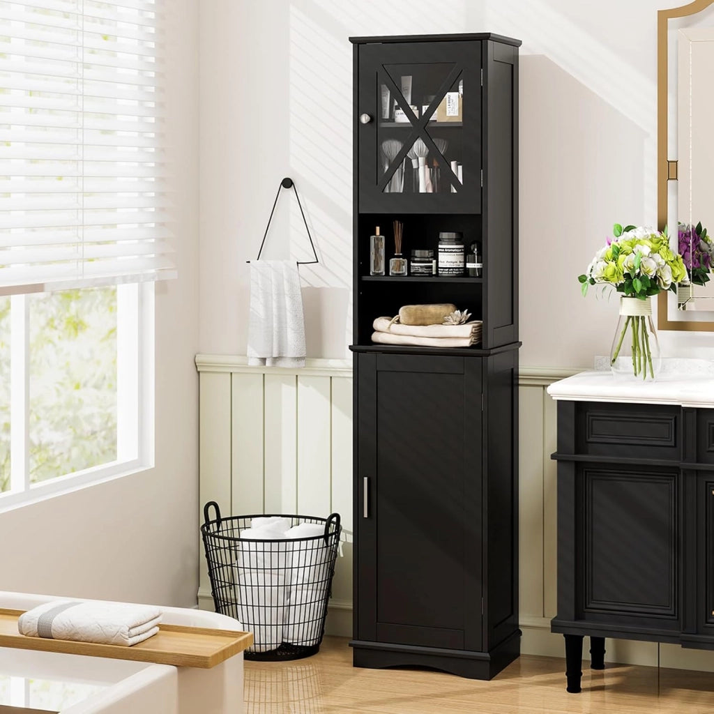 Mobile Bagno 40 x 30 x 170,5cm, Armadietto a Colonna Stretto e Alto con 5 Ripiani Regolabili e 2 Porte, Armadio da Terra in Legno per Soggiorno, Camera da Letto, Salotto e Cucina (Nero)