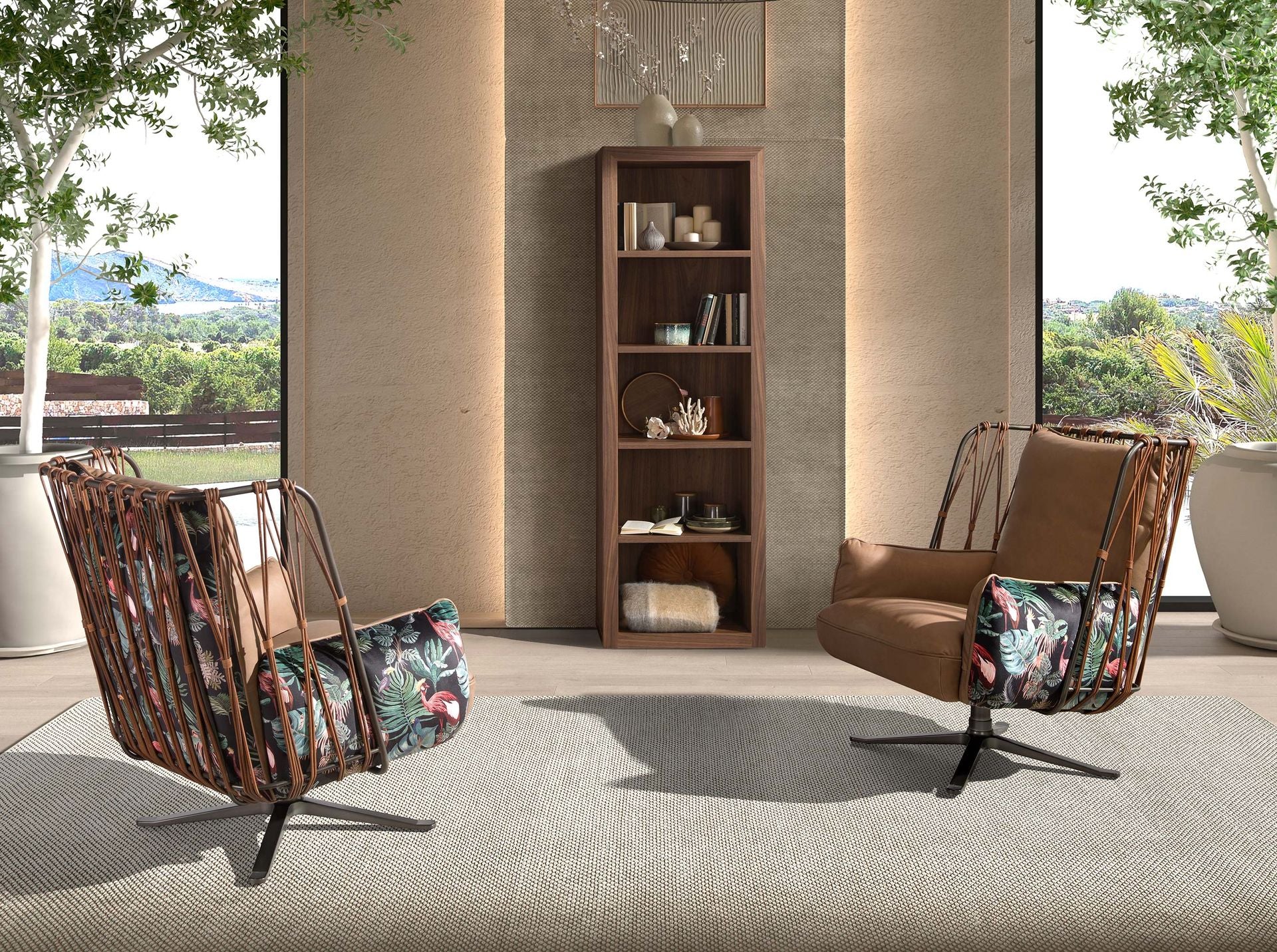 Poltrona girevole in pelle e tessuto marrone con stampa marrone